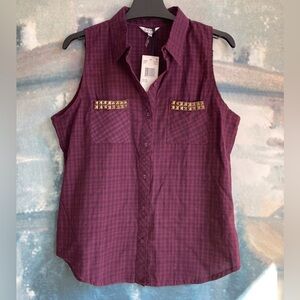 Buffalo David Bitton Purple Sleeveless Raw Edges Button Up Shirt Size Small
